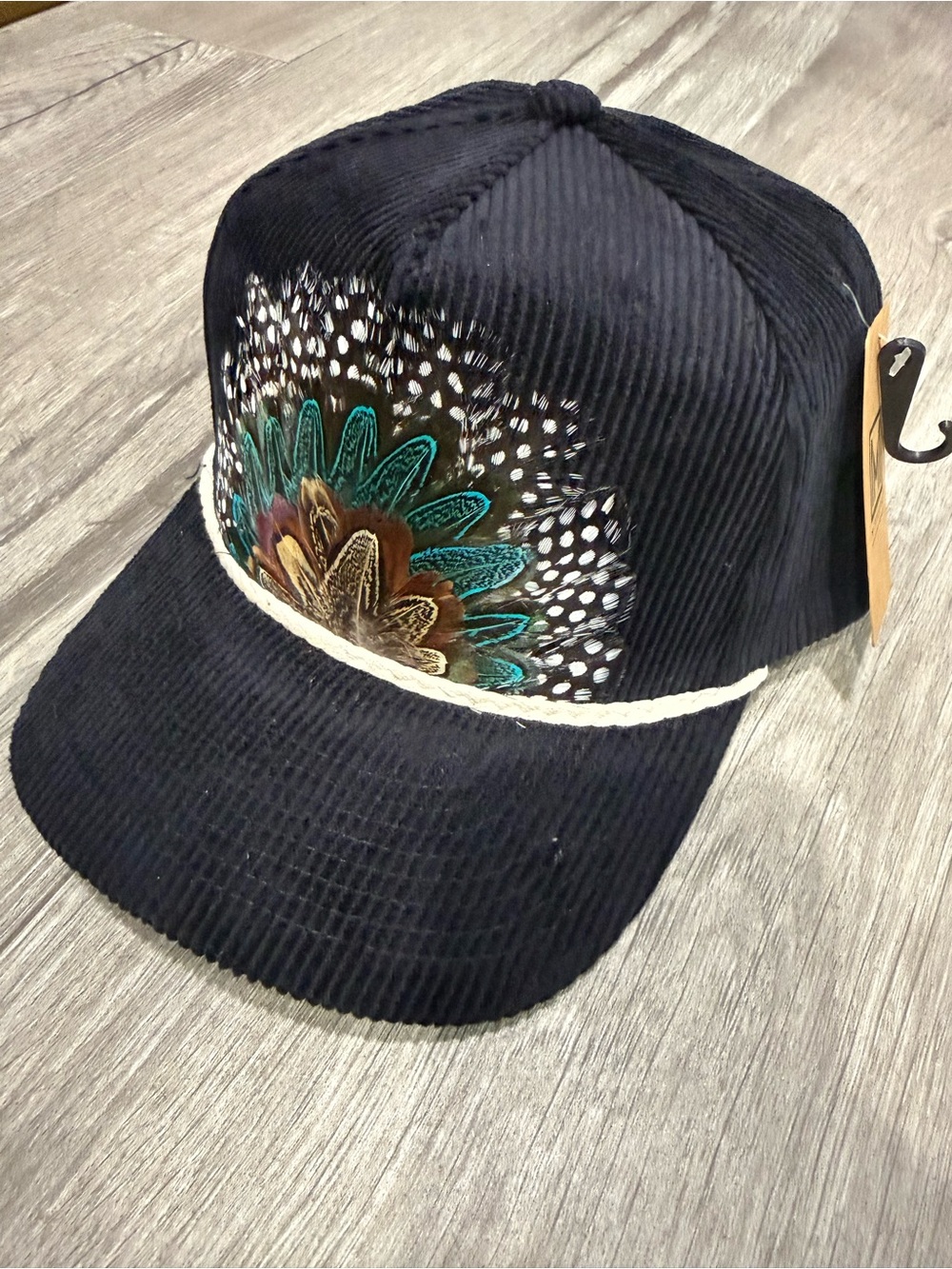 Men's Black Corduroy Cap with Feather Embroidery